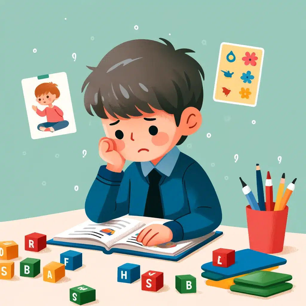 Child struggling with reading a book, surrounded by educational tools.