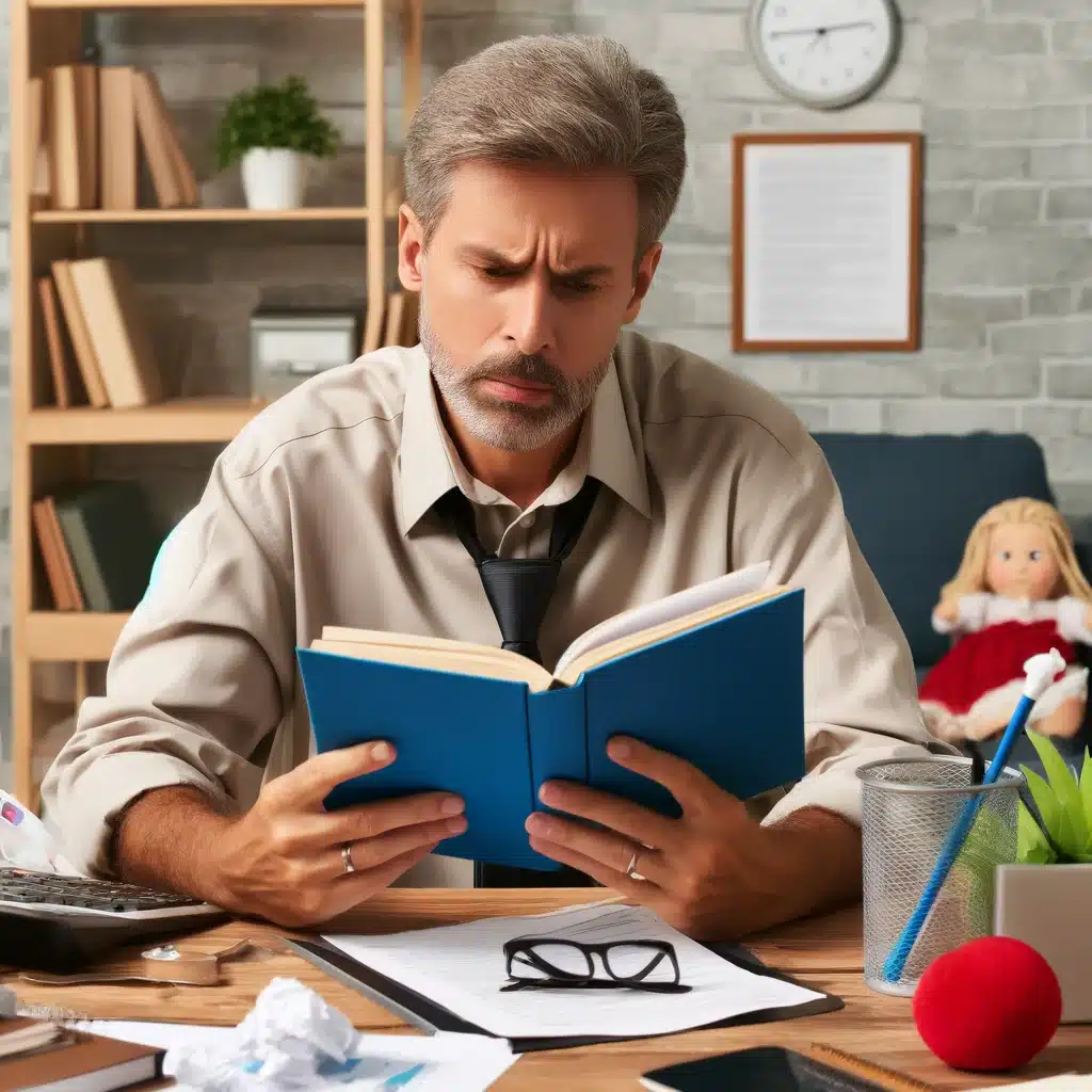 Adult struggling with reading a book at a desk surrounded by work and family items.