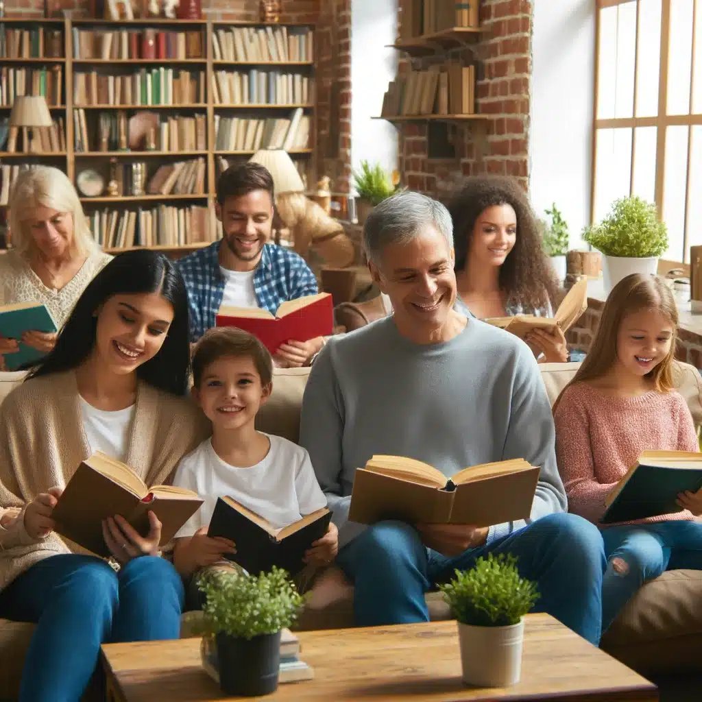 Diverse group of people, including children and adults, happily reading books in a cozy library setting.