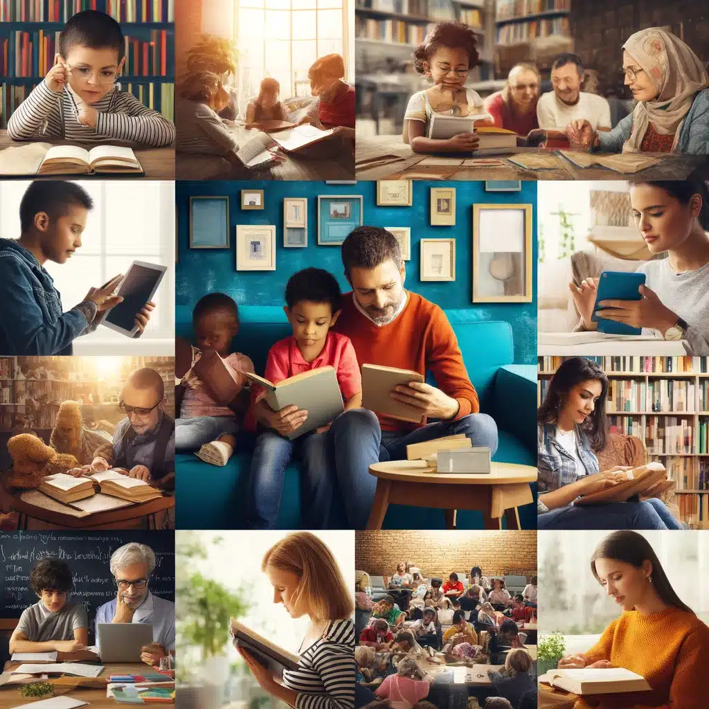 Collage of diverse people, including children and adults, engaged in various reading activities such as reading books, using reading apps, and participating in reading groups.