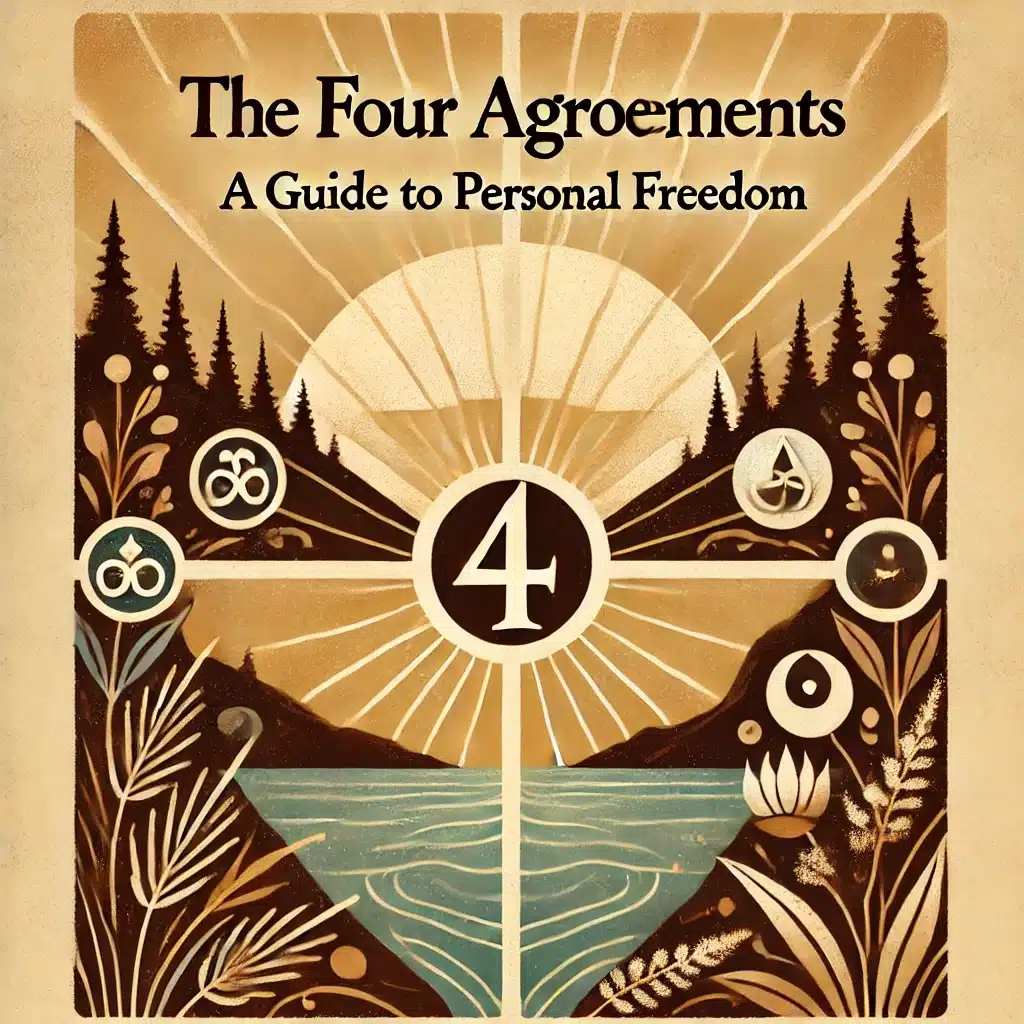 he Four Agreements. It incorporates a peaceful landscape and symbols representing the four agreements